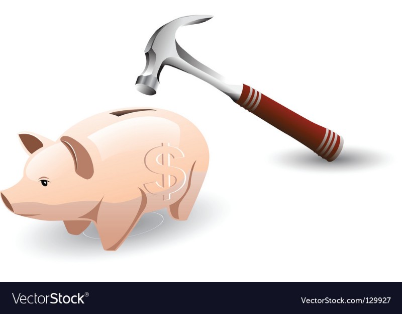 Piggy bank and hammer