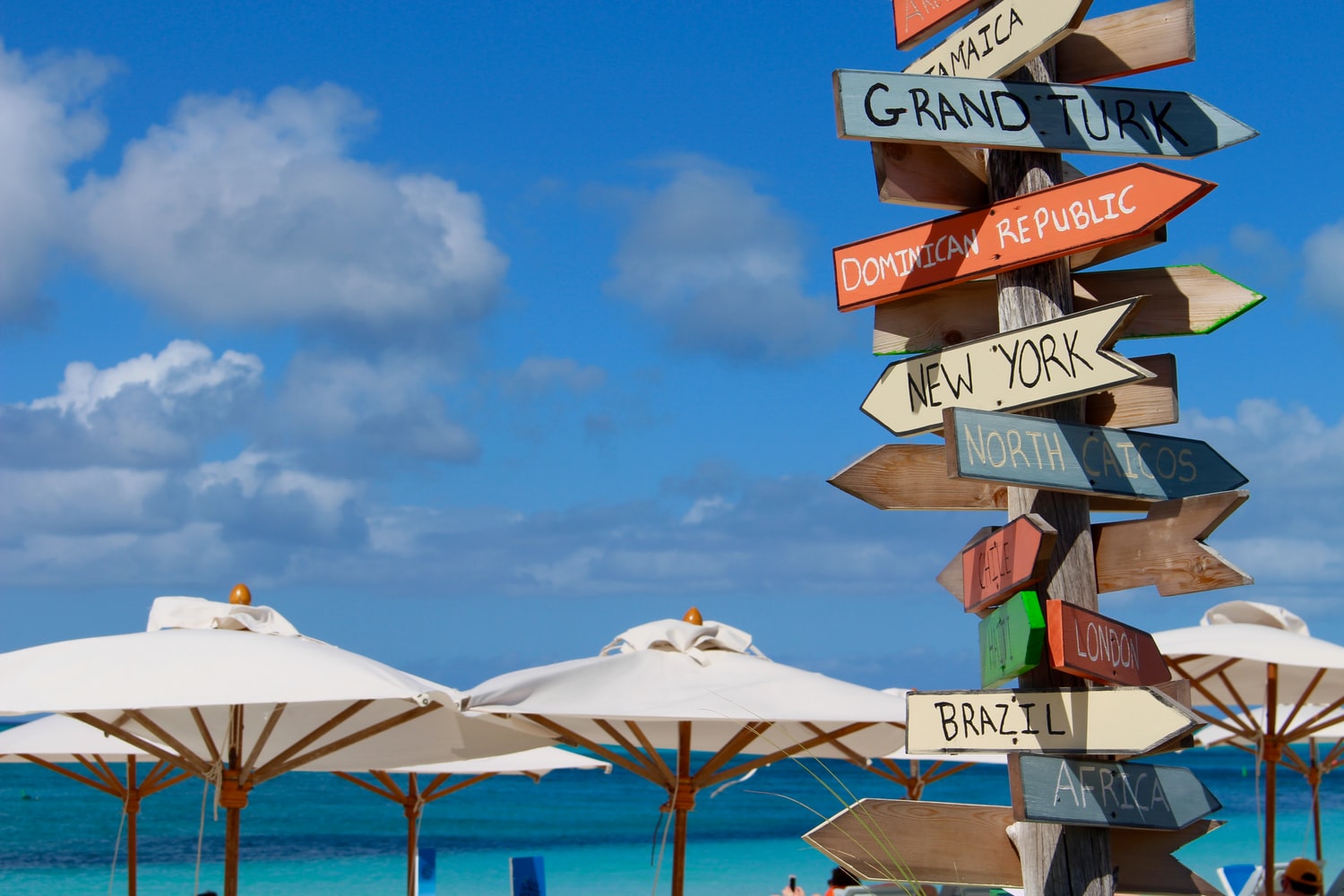 Providenciales Beach with country sign on the sand