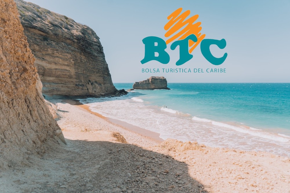 Dominican beach and the BTC logo on top
