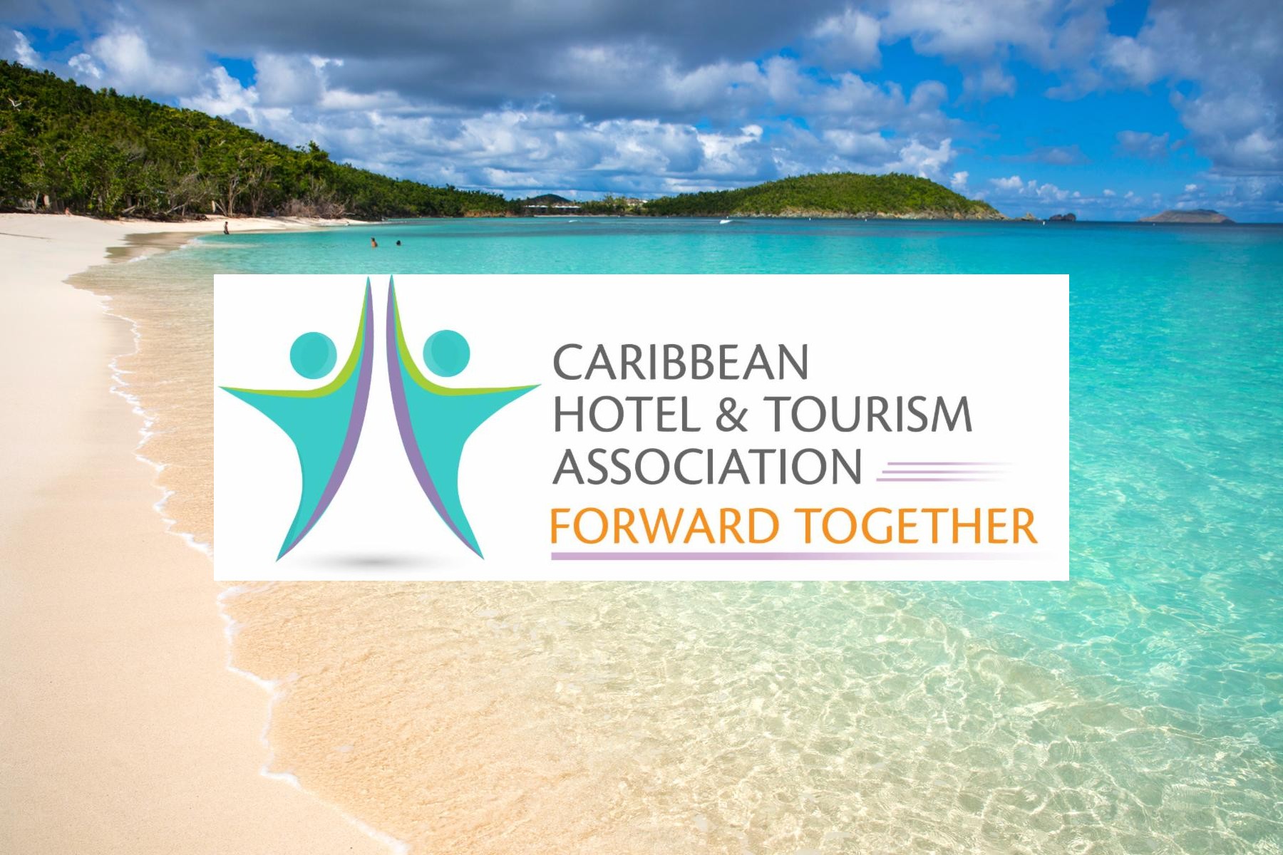 Caribbean beach and the Forward Together poster on top, white background