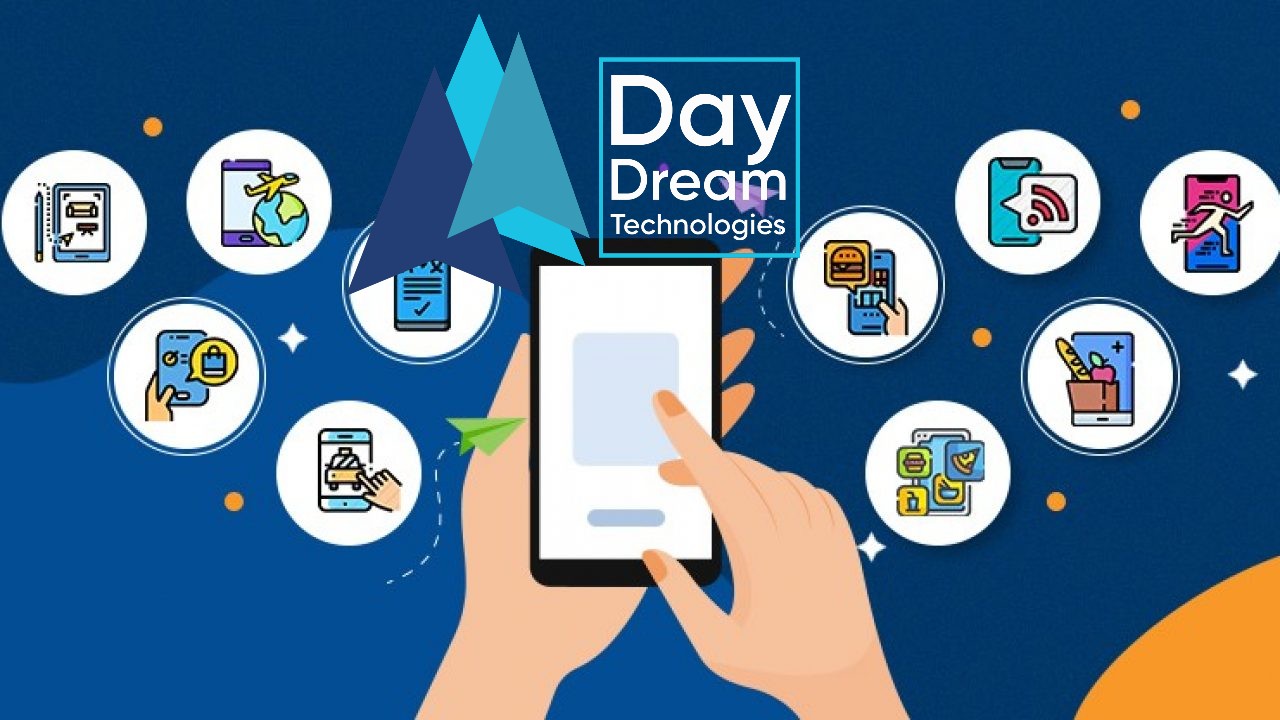 illustration of travel apps and Day Dream Technologies logo on top