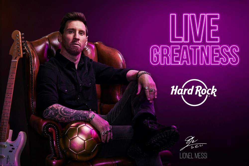 Hard Rock International 50th anniversary poster featuring Leo Messi