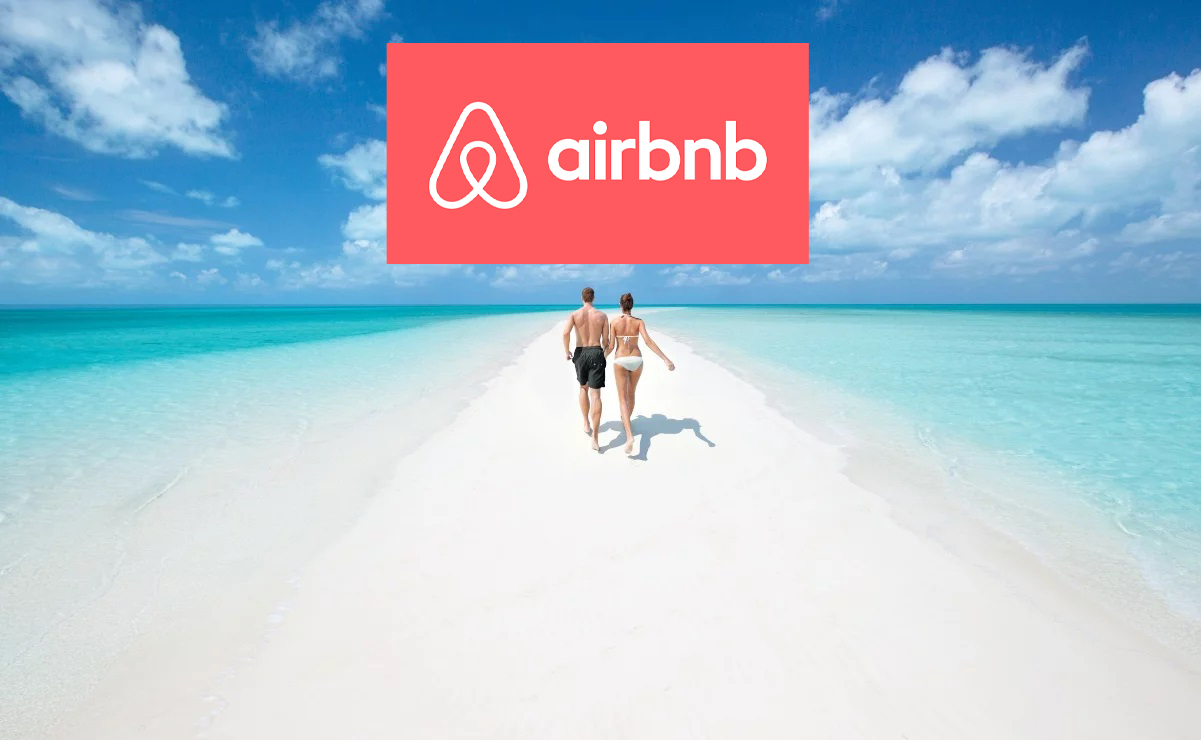 Airbnb logo and Bahamas beach with couple